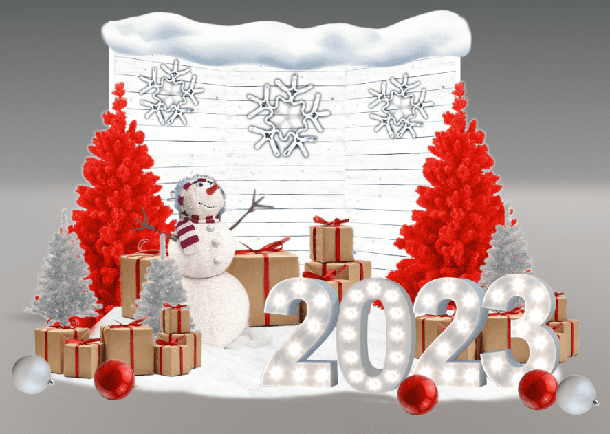 фотозона со снежинками красными елями и цифрами 2023
