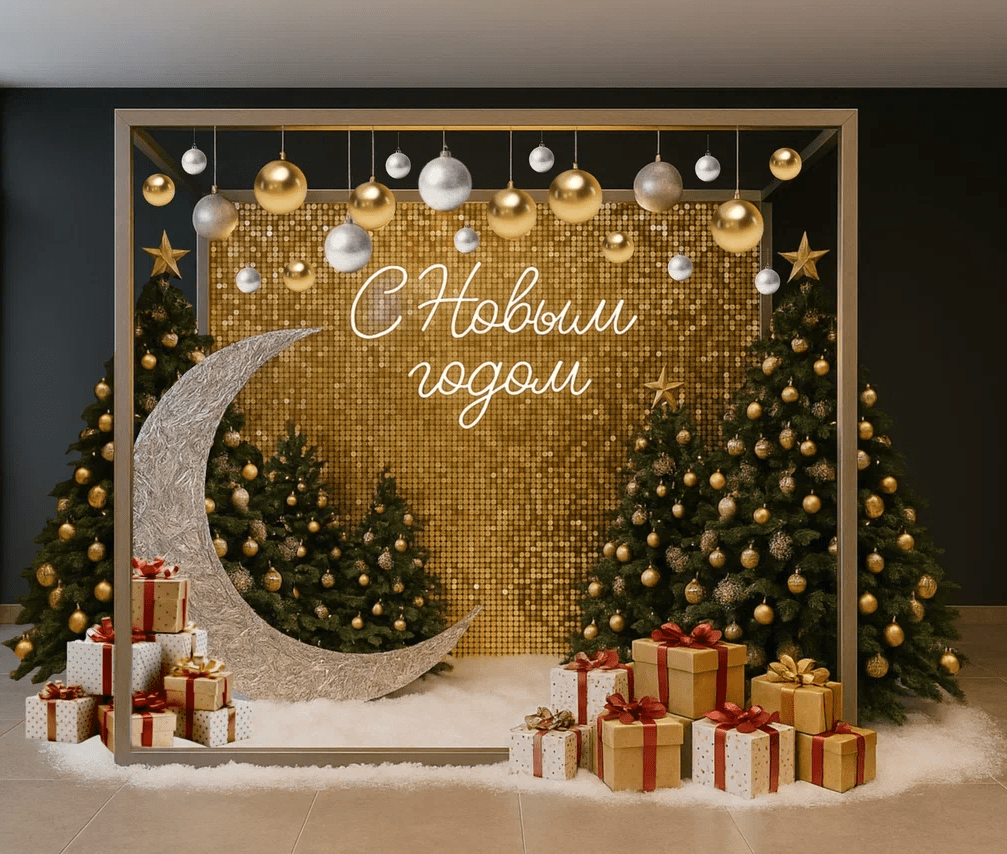 Новогодняя фотозона куб с пайетками и тканью